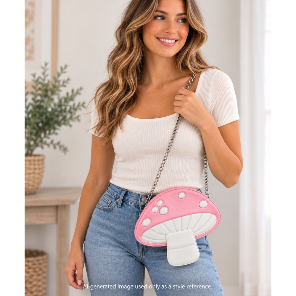 Pink & White Mushroom Shoulder Bag Purse, Zip, Silver Chain Strap, Black Lined